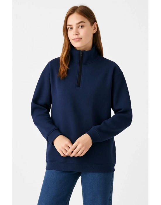 Üç İplik Dık Yaka Yarım Fermuarlı SweatShirt - Lacivert