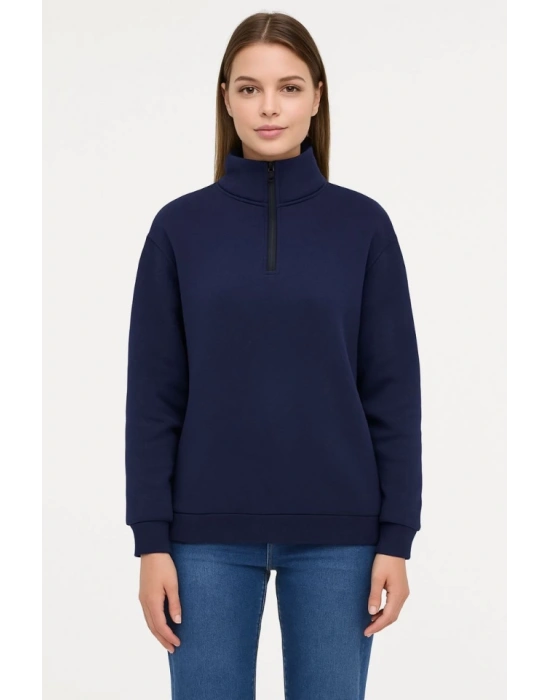 Üç İplik Dık Yaka Yarım Fermuarlı SweatShirt - Lacivert
