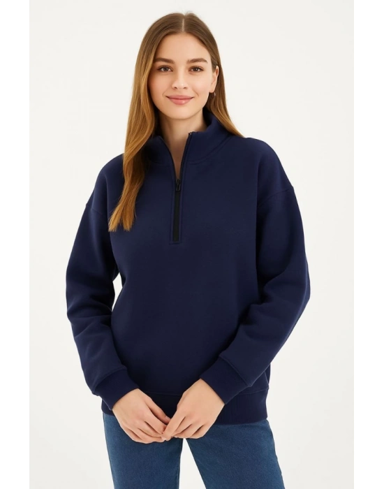 Üç İplik Dık Yaka Yarım Fermuarlı SweatShirt - Lacivert