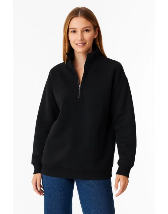 Üç İplik Dık Yaka Yarım Fermuarlı SweatShirt - Siyah