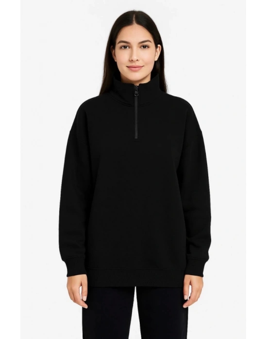 Üç İplik Dık Yaka Yarım Fermuarlı SweatShirt - Siyah