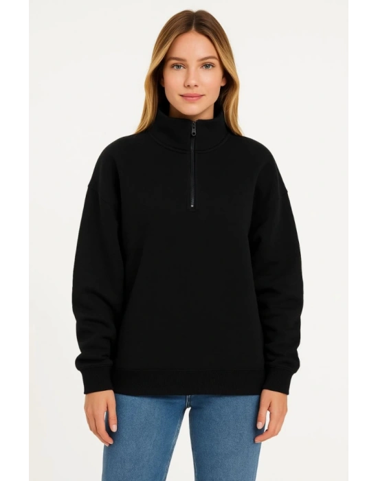 Üç İplik Dık Yaka Yarım Fermuarlı SweatShirt - Siyah