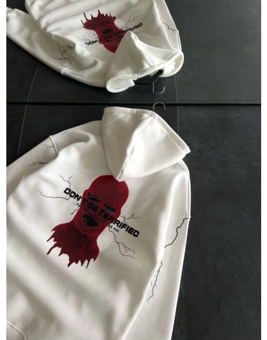 Üç İplik Kapşonlu Baskılı Oversize SweatShirt- Beyaz