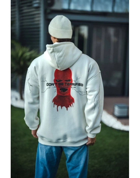 Üç İplik Kapşonlu Baskılı Oversize SweatShirt- Beyaz