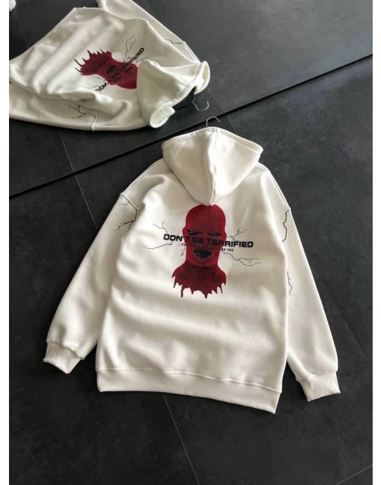 Üç İplik Kapşonlu Baskılı Oversize SweatShirt- Beyaz