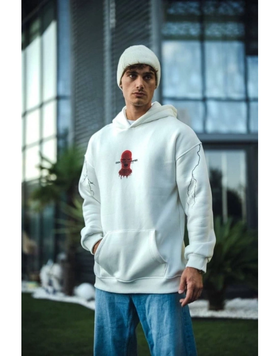 Üç İplik Kapşonlu Baskılı Oversize SweatShirt- Beyaz