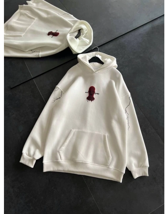 Üç İplik Kapşonlu Baskılı Oversize SweatShirt- Beyaz