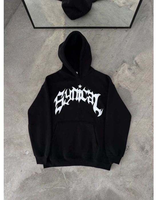 Üç İplik Kapşonlu Baskılı Oversize SweatShirt- Siyah