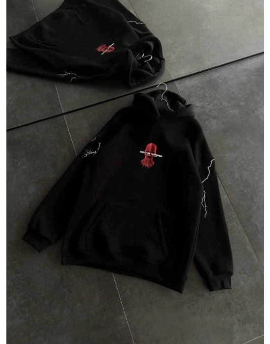 Üç İplik Kapşonlu Baskılı Oversize SweatShirt- Siyah