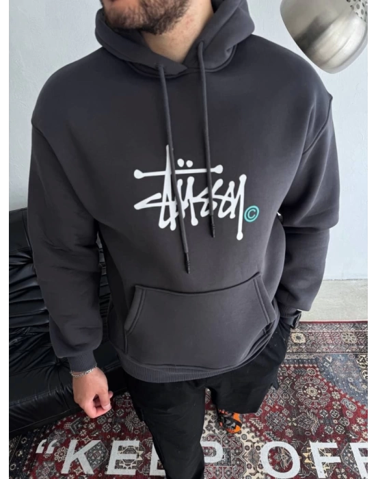Üç İplik Kapşonlu Baskılı SweatShirt - Füme