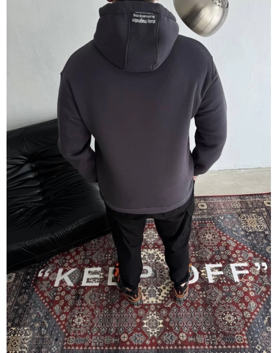 Üç İplik Kapşonlu Baskılı SweatShirt - Füme