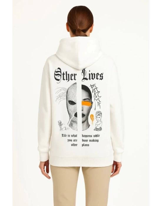 Üç İplik Kapşonlu ön Ve Arka Baskılı SweatShirt Hoodie- Beyaz