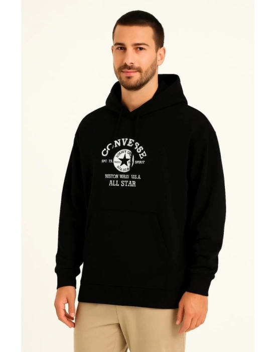 Üç İplik Kapşonlu ön Ve Arka Baskılı SweatShirt Hoodie- Siyah