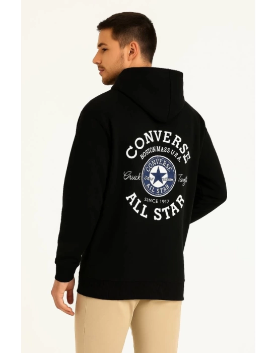 Üç İplik Kapşonlu ön Ve Arka Baskılı SweatShirt Hoodie- Siyah
