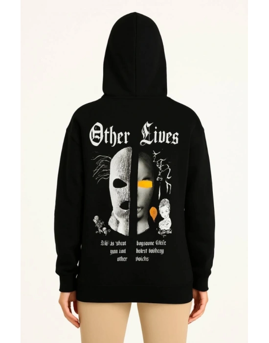 Üç İplik Kapşonlu ön Ve Arka Baskılı SweatShirt Hoodie- Siyah