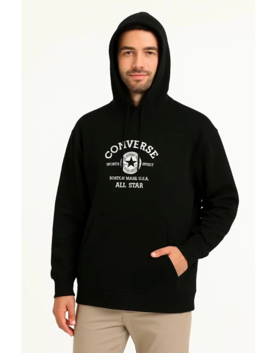 Üç İplik Kapşonlu ön Ve Arka Baskılı SweatShirt Hoodie- Siyah