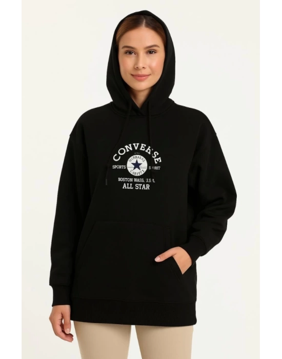 Üç İplik Kapşonlu ön Ve Arka Baskılı SweatShirt Hoodie- Siyah