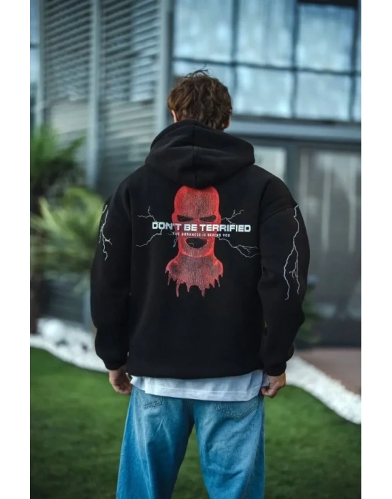 Üç İplik Kapüşonlu Baskılı Oversize SweatShirt- Siyah