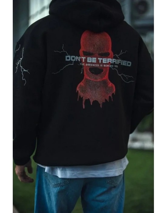 Üç İplik Kapüşonlu Baskılı Oversize SweatShirt- Siyah