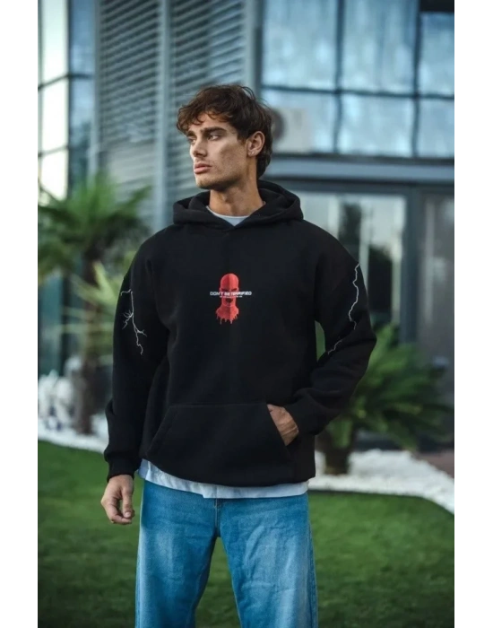 Üç İplik Kapüşonlu Baskılı Oversize SweatShirt- Siyah