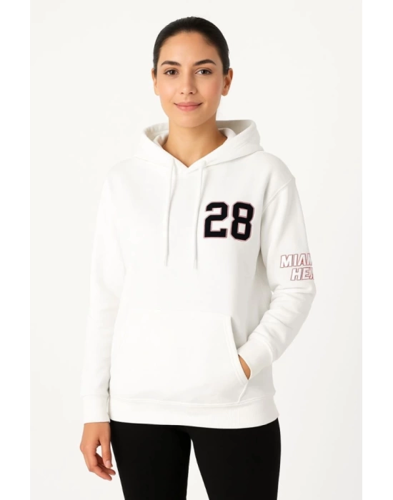 Üç İplik Kapüşonlu Ön Ve Arka Baskılı SweatShirt Hoodie - Beyaz