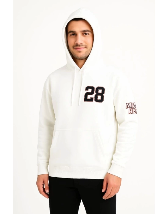 Üç İplik Kapüşonlu Ön Ve Arka Baskılı SweatShirt Hoodie - Beyaz