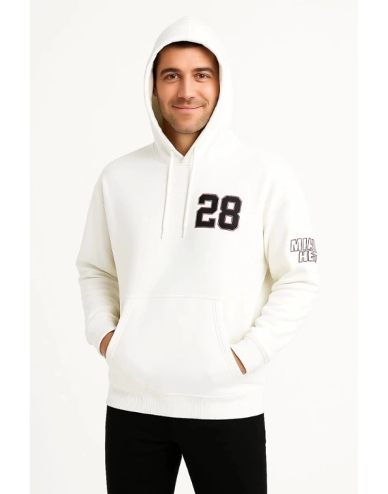 Üç İplik Kapüşonlu Ön Ve Arka Baskılı SweatShirt Hoodie - Beyaz