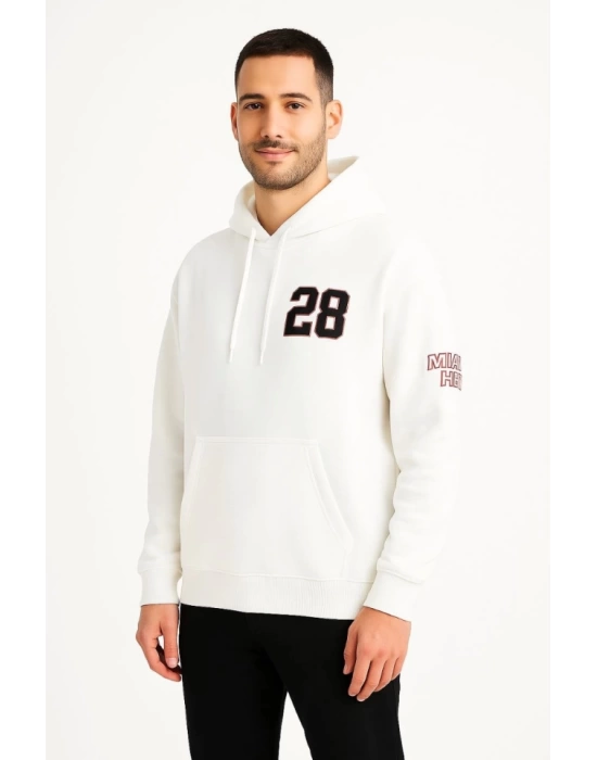 Üç İplik Kapüşonlu Ön Ve Arka Baskılı SweatShirt Hoodie - Beyaz