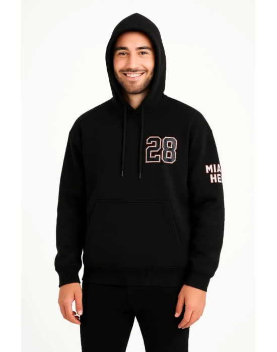 Üç İplik Kapüşonlu Ön Ve Arka Baskılı SweatShirt Hoodie - Siyah
