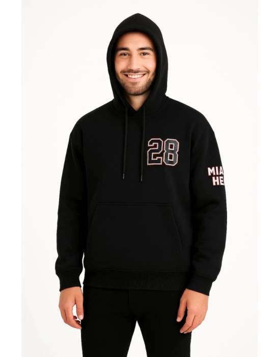 Üç İplik Kapüşonlu Ön Ve Arka Baskılı SweatShirt Hoodie - Siyah