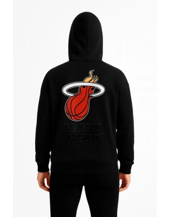 Üç İplik Kapüşonlu Ön Ve Arka Baskılı SweatShirt Hoodie - Siyah
