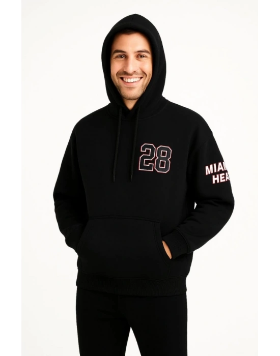 Üç İplik Kapüşonlu Ön Ve Arka Baskılı SweatShirt Hoodie - Siyah