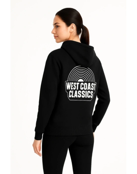 Üç İplik Kapüşonlu Ön Ve Arka Baskılı SweatShirt Hoodie - Siyah