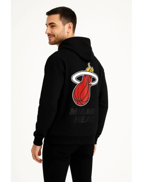 Üç İplik Kapüşonlu Ön Ve Arka Baskılı SweatShirt Hoodie - Siyah