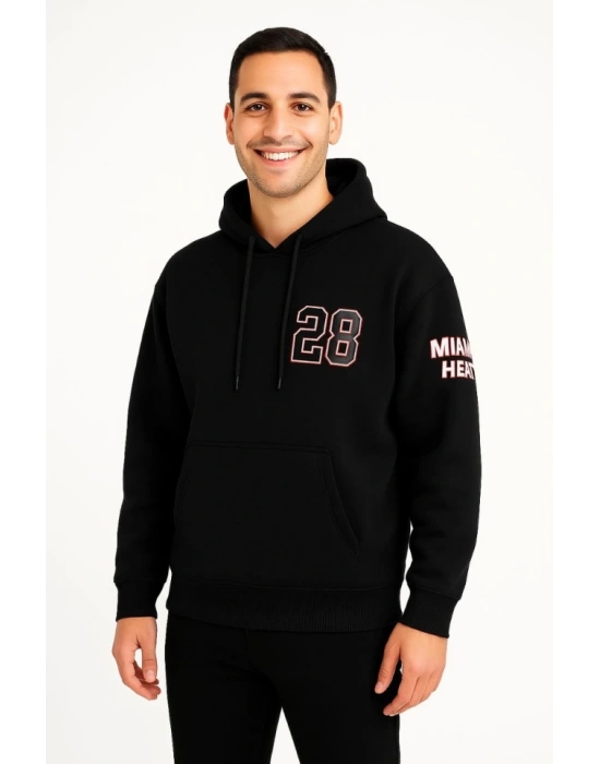 Üç İplik Kapüşonlu Ön Ve Arka Baskılı SweatShirt Hoodie - Siyah