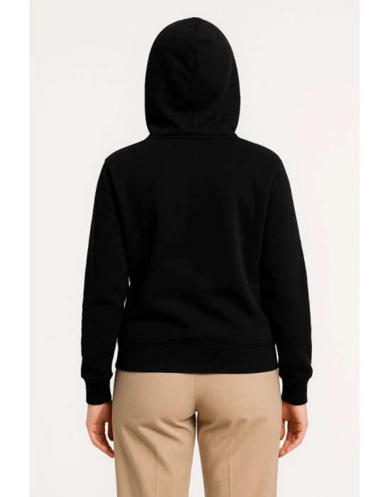 Üç İplik Kapüşonlu Tam Fermuarlı Kanguru Çepli SweatShirt Hoodie - Siyah