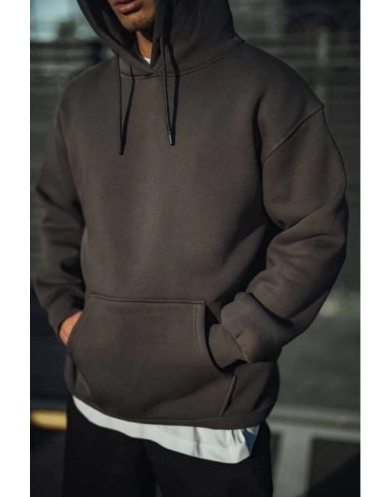 Üç İplik Penye Kapşonlu Basic SweatShirt - Antrasit