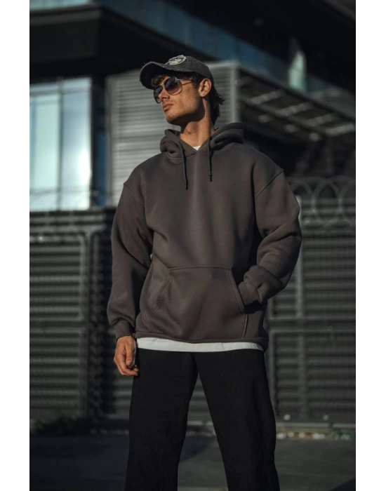 Üç İplik Penye Kapşonlu Basic SweatShirt - Antrasit