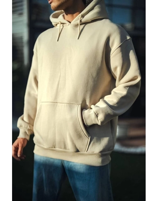 Üç İplik Penye Kapşonlu Basic SweatShirt - Bej