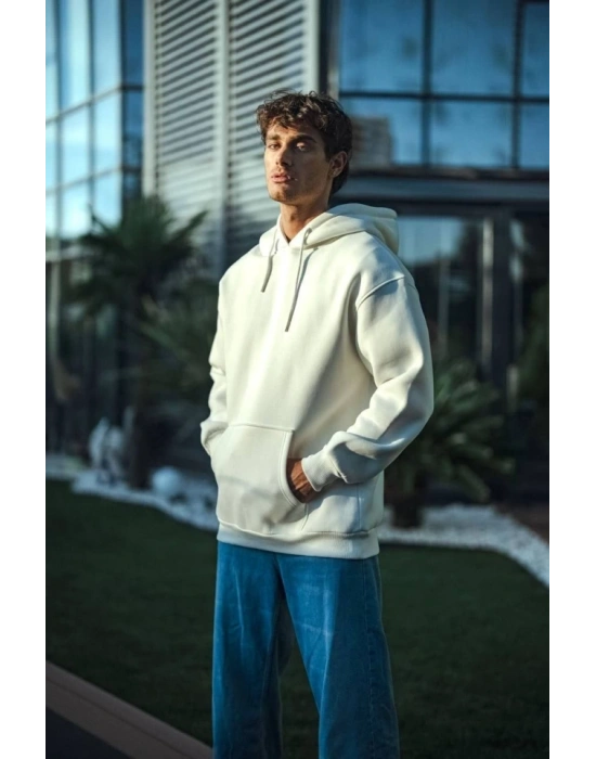 Üç İplik Penye Kapşonlu Basic SweatShirt - Beyaz