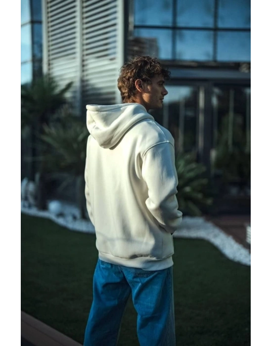 Üç İplik Penye Kapşonlu Basic SweatShirt - Beyaz