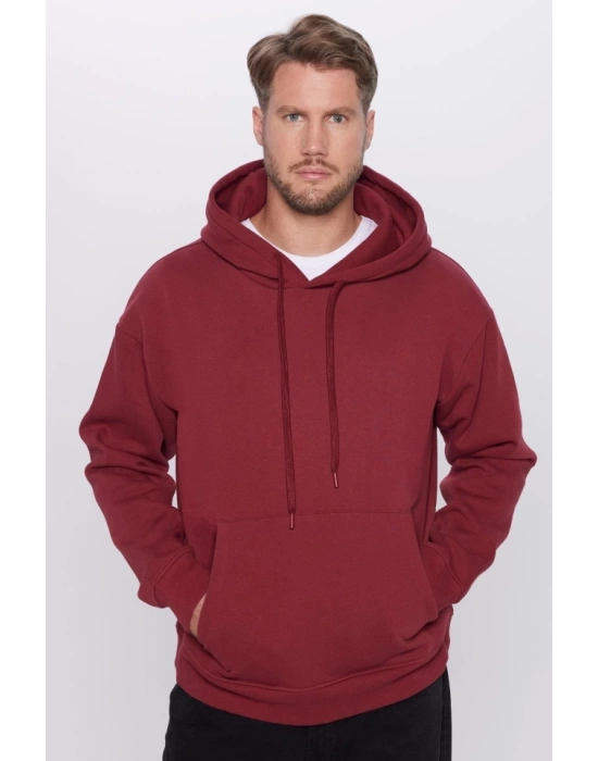 Üç İplik Penye Kapşonlu Basic SweatShirt - Bordo