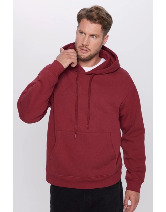 Üç İplik Penye Kapşonlu Basic SweatShirt - Bordo