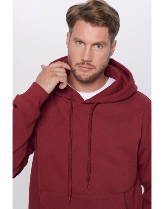 Üç İplik Penye Kapşonlu Basic SweatShirt - Bordo