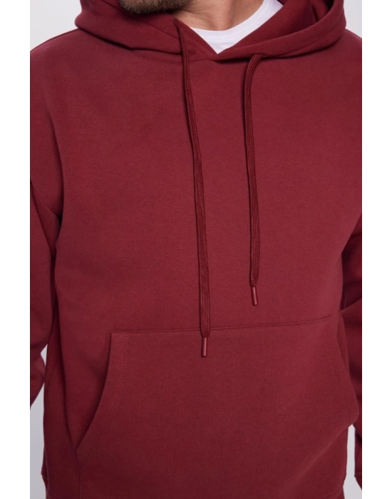 Üç İplik Penye Kapşonlu Basic SweatShirt - Bordo