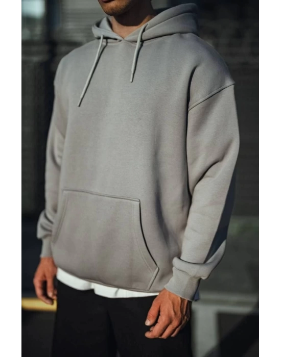 Üç İplik Penye Kapşonlu Basic SweatShirt - Boyalı Gri
