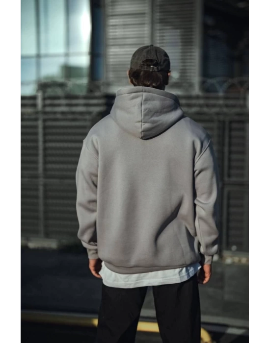 Üç İplik Penye Kapşonlu Basic SweatShirt - Boyalı Gri