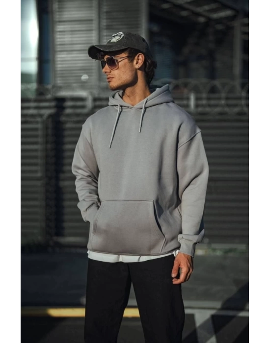 Üç İplik Penye Kapşonlu Basic SweatShirt - Boyalı Gri