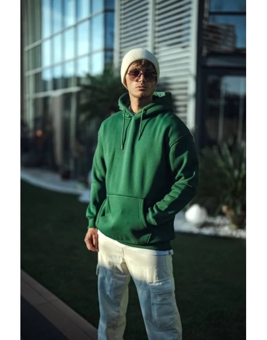 Üç İplik Penye Kapşonlu Basic SweatShirt - Haki