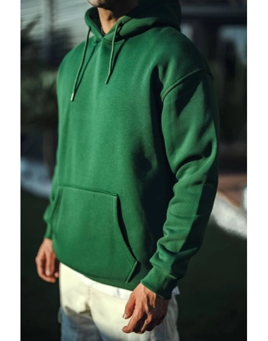 Üç İplik Penye Kapşonlu Basic SweatShirt - Haki